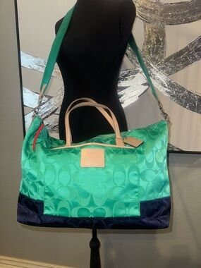 COACH Signature Nylon Weekender Bag in Aqua Green with Navy Trim